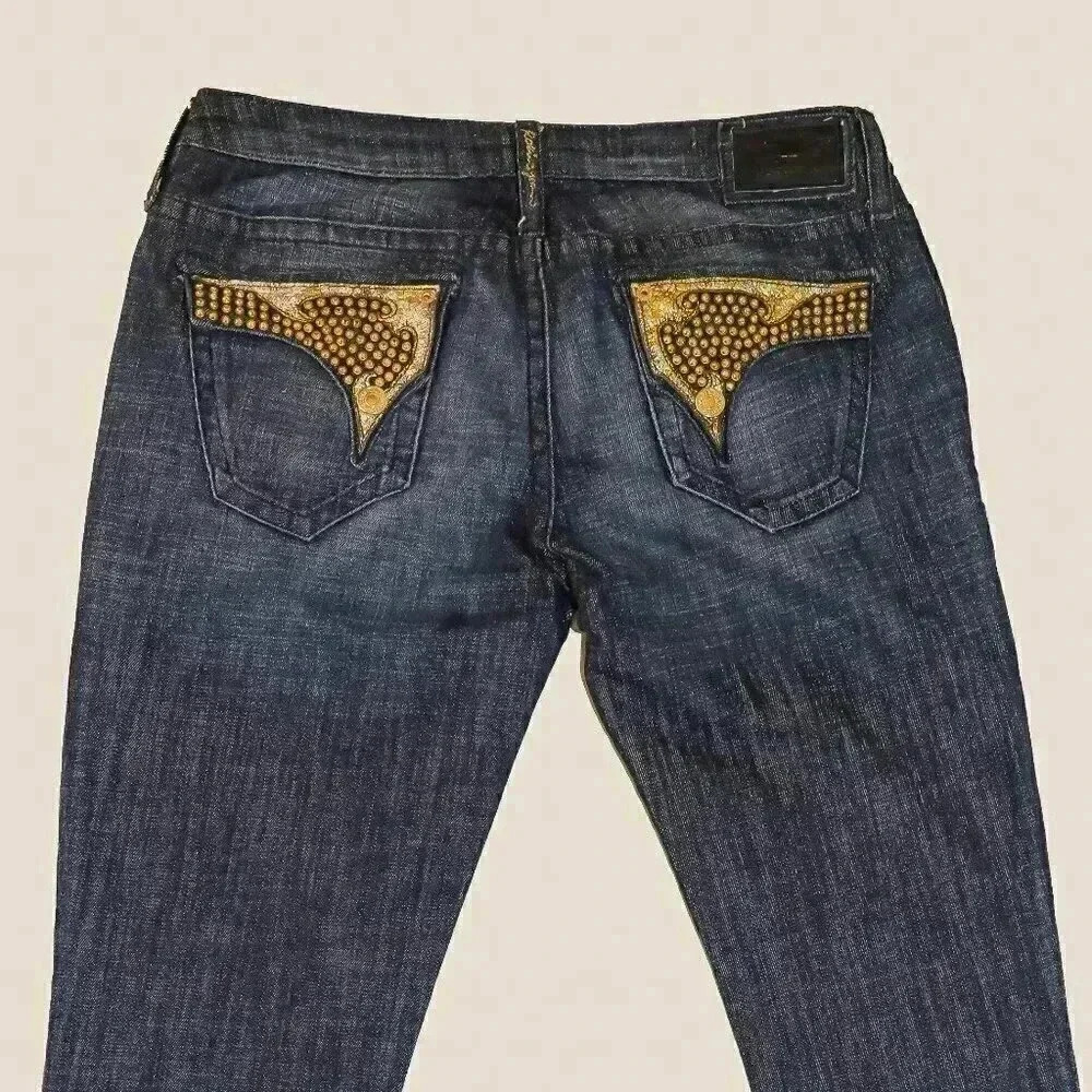 Vintage‎ Robins Jean Dark Wash Gold Sequin Straight Leg Jeans Size 30 Low Rise